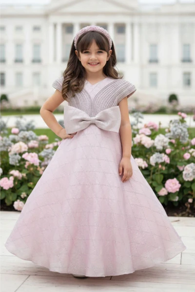 Blush Pink Shimmer Bow Detail Party Gown For Girls